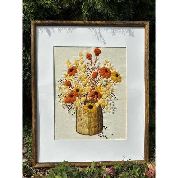 Handmade Other - Vintage Retro MCM 1975 Floral Crewel Needlework Framed 15x19 Fall Colors Vibrant